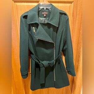Dana Buchman Asymmetrical Belted Dark Green Trench Coat w/ Gold Zipper Buttons